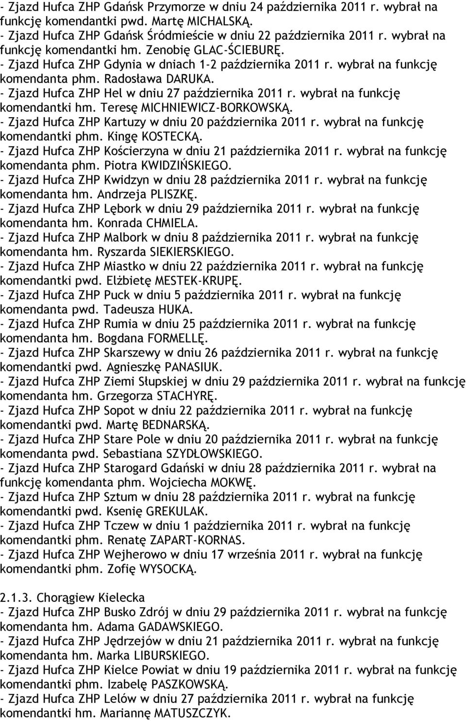 - Zjazd Hufca ZHP Hel w dniu 27 października 2011 r. wybrał na funkcję komendantki hm. Teresę MICHNIEWICZ-BORKOWSKĄ. - Zjazd Hufca ZHP Kartuzy w dniu 20 października 2011 r.