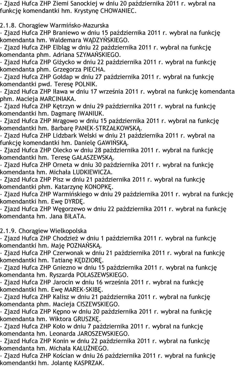 wybrał na funkcję komendanta phm. Adriana SZYMAŃSKIEGO. - Zjazd Hufca ZHP Giżycko w dniu 22 października 2011 r. wybrał na funkcję komendanta phm. Grzegorza PIECHA.