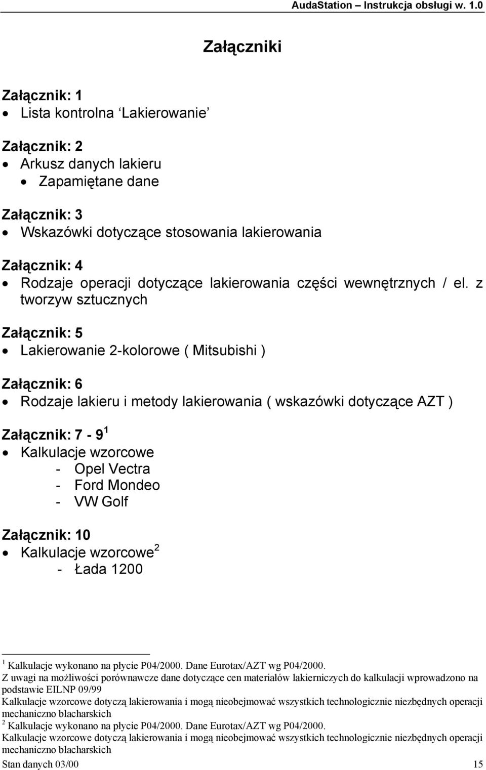 z tworzyw sztucznych Załącznik: 5 Lakierowanie 2-kolorowe ( Mitsubishi ) Załącznik: 6 Rodzaje lakieru i metody lakierowania ( wskazówki dotyczące AZT ) Załącznik: 7-9 1 Kalkulacje wzorcowe - Opel