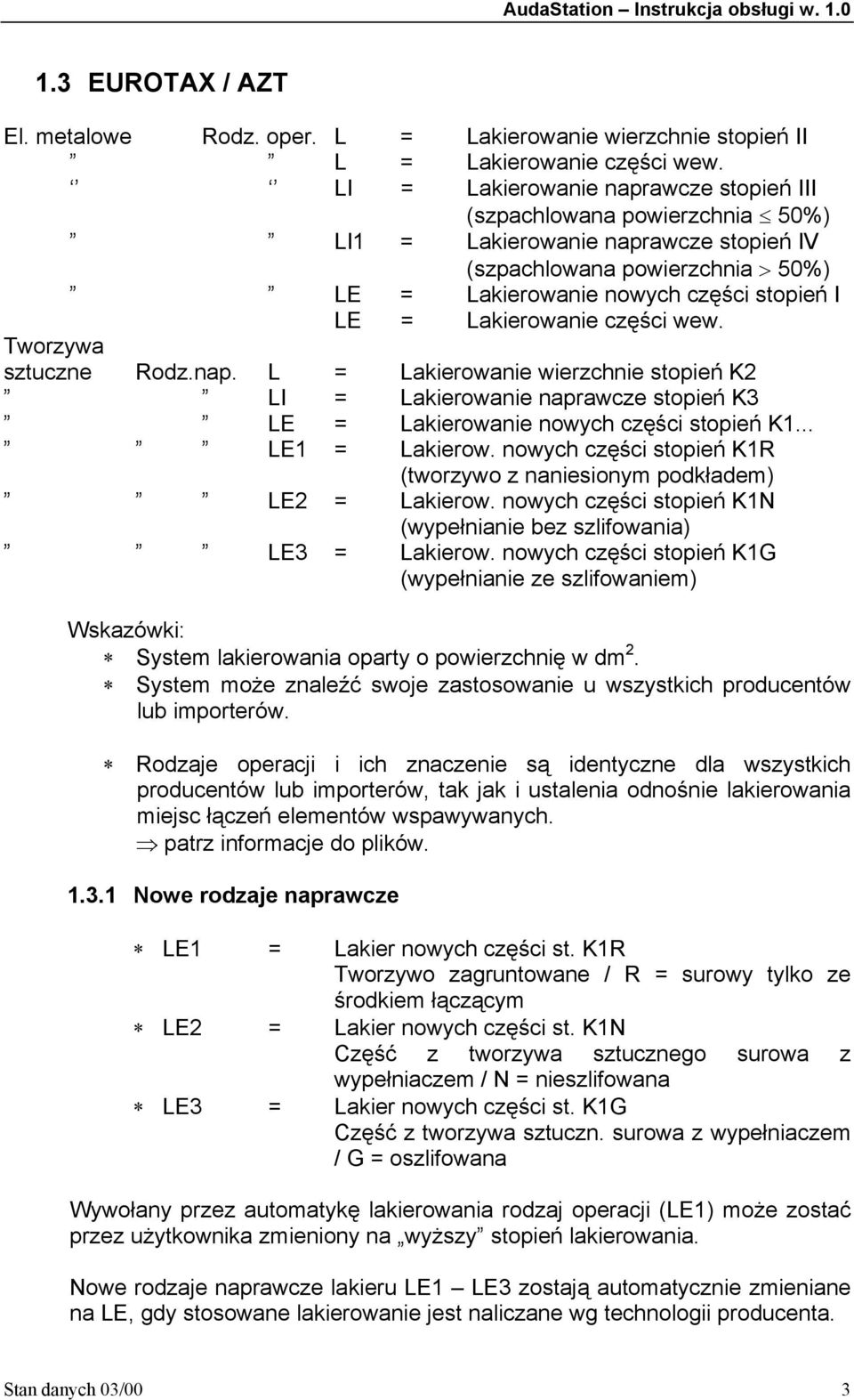 Lakierowanie części wew. Tworzywa sztuczne Rodz.nap. L = Lakierowanie wierzchnie stopień K2 LI = Lakierowanie naprawcze stopień K3 LE = Lakierowanie nowych części stopień K1... LE1 = Lakierow.
