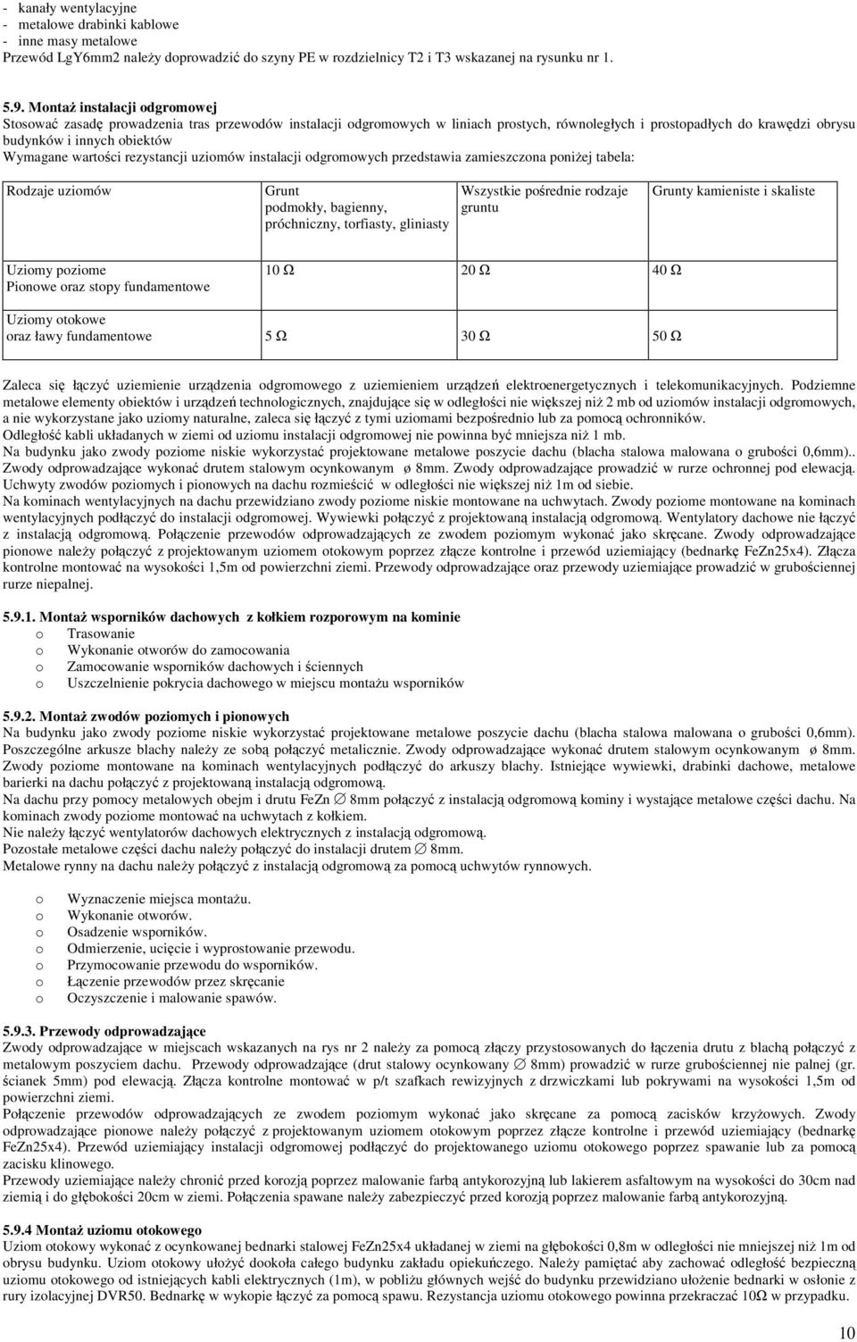 wartoci rezystancji uziomów instalacji odgromowych przedstawia zamieszczona poniej tabela: Rodzaje uziomów Grunt podmokły, bagienny, próchniczny, torfiasty, gliniasty Wszystkie porednie rodzaje