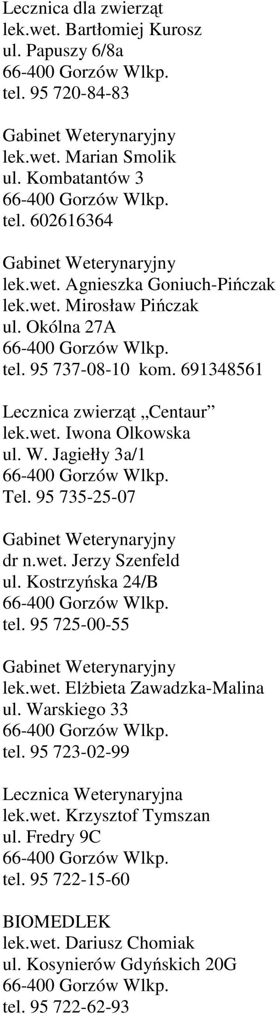 95 735-25-07 dr n.wet. Jerzy Szenfeld ul. Kostrzyńska 24/B tel. 95 725-00-55 lek.wet. Elżbieta Zawadzka-Malina ul. Warskiego 33 tel.