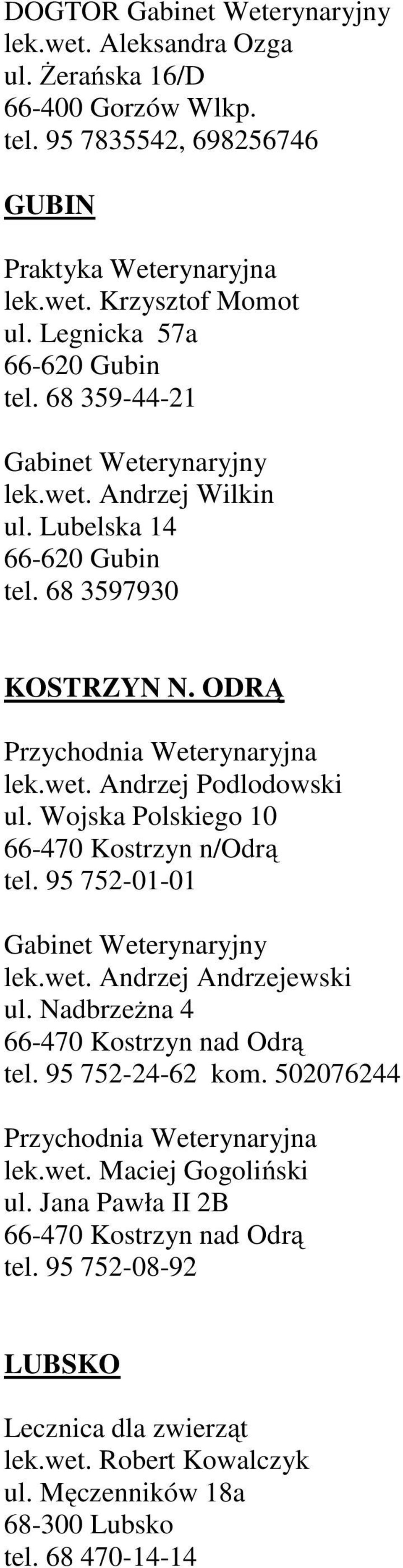 Wojska Polskiego 10 66-470 Kostrzyn n/odrą tel. 95 752-01-01 lek.wet. Andrzej Andrzejewski ul. Nadbrzeżna 4 66-470 Kostrzyn nad Odrą tel. 95 752-24-62 kom.