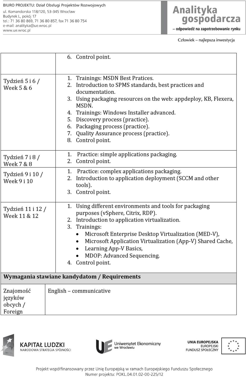 Discovery process (practice). 6. Packaging process (practice). 7. Quality Assurance process (practice). 8. Control point. 1. Practice: simple applications packaging. 2. Control point. 1. Practice: complex applications packaging.
