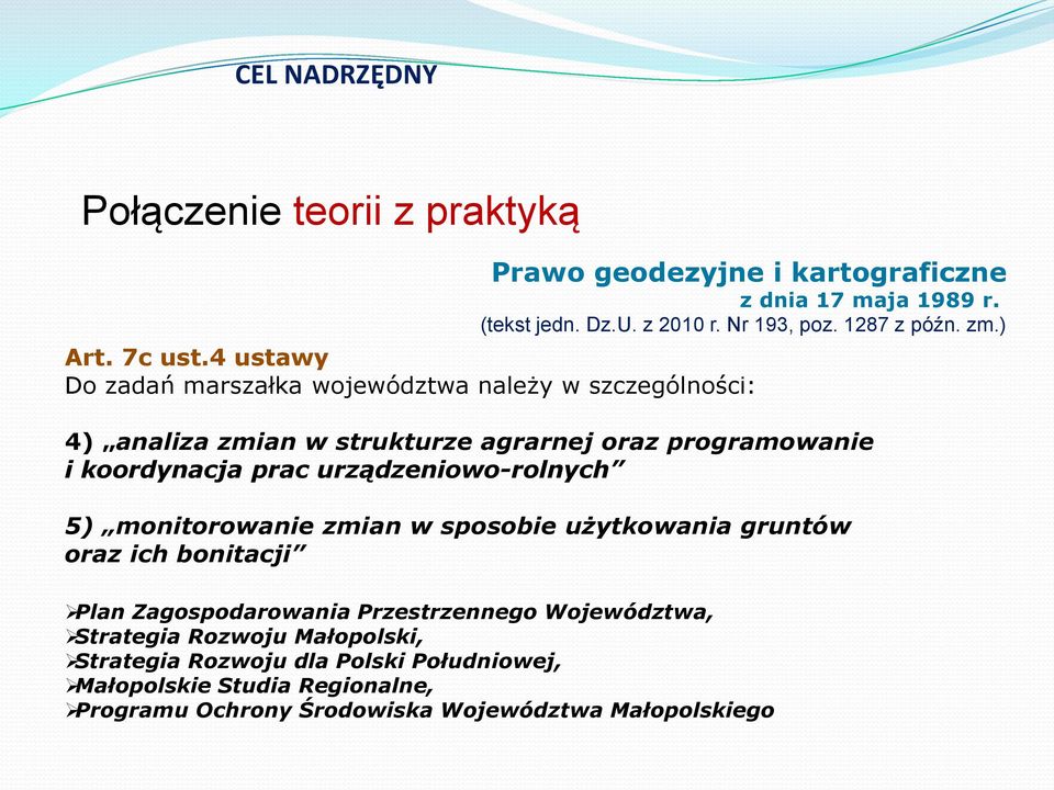 4 ustawy Do zadań marszałka województwa należy w szczególności: 4) analiza zmian w strukturze agrarnej oraz programowanie i koordynacja prac