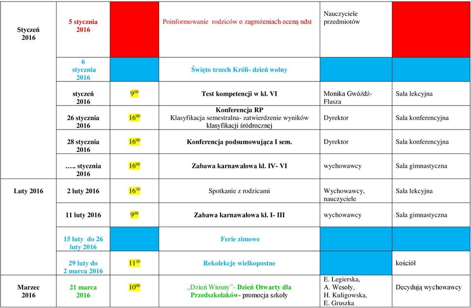 . stycznia 16 00 Konferencja podsumowująca I sem. Dyrektor 16 00 Zabawa karnawałowa kl.