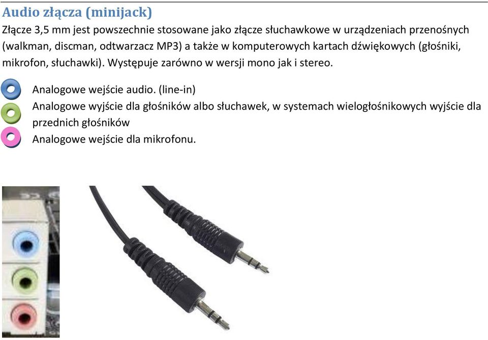 słuchawki). Występuje zarówno w wersji mono jak i stereo. Analogowe wejście audio.