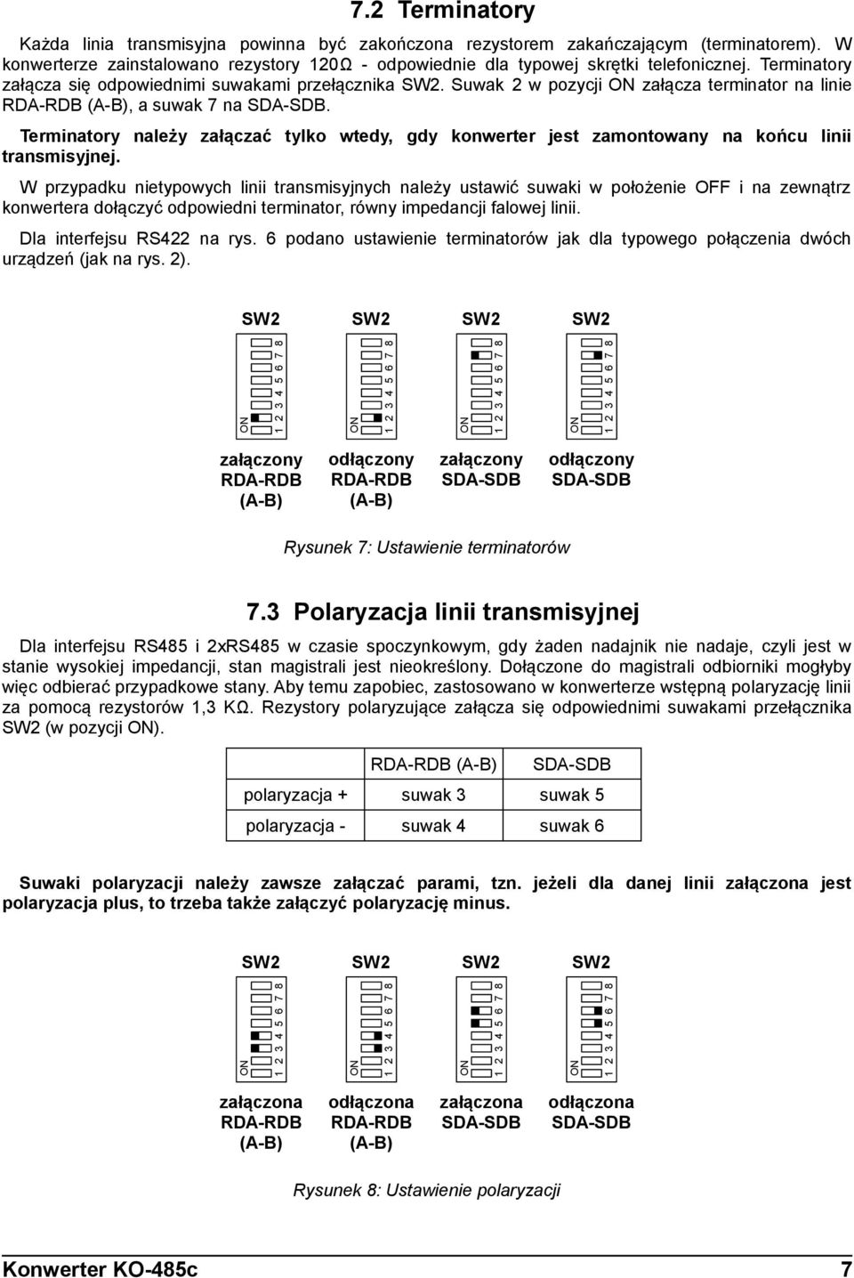 Terminatory należy załączać tylko wtedy, gdy konwerter jest zamontowany na końcu linii transmisyjnej.