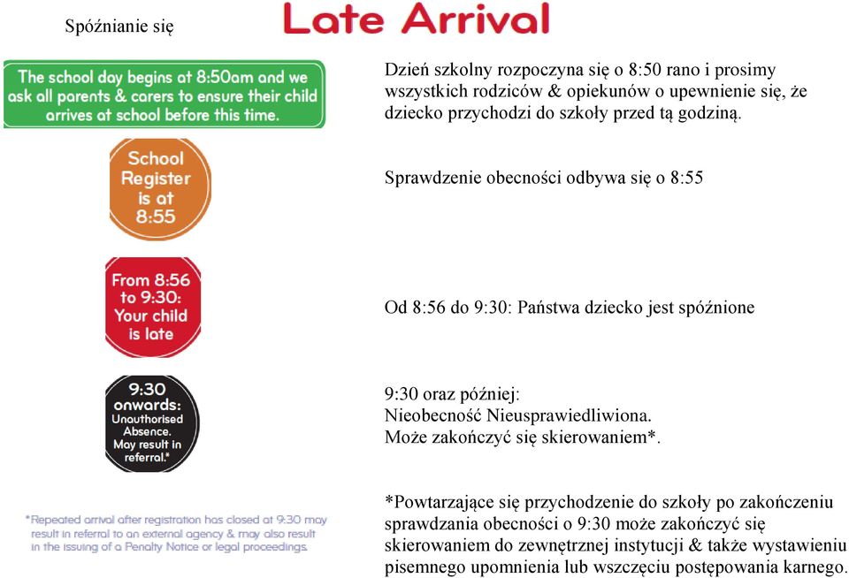Sprawdzenie obecności odbywa się o 8:55 Od 8:56 do 9:30: Państwa dziecko jest spóźnione 9:30 oraz później: Nieobecność Nieusprawiedliwiona.