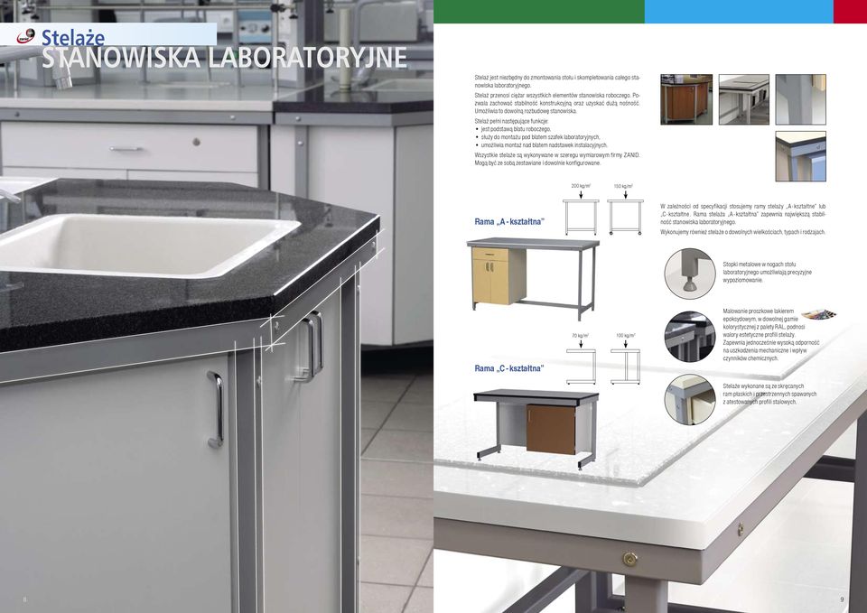 Stelaż pełni następujące funkcje: jest podstawą blatu roboczego, służy do montażu pod blatem szafek laboratoryjnych, umożliwia montaż nad blatem nadstawek instalacyjnych.