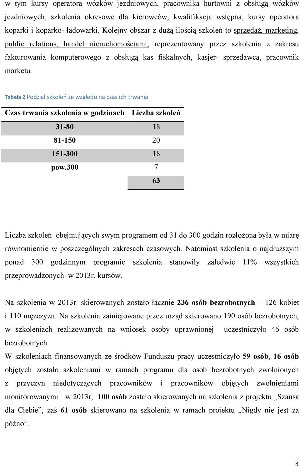 kasjer- sprzedawca, pracownik marketu. Tabela 2 Podział szkoleń ze względu na czas ich trwania Czas trwania szkolenia w godzinach Liczba szkoleń 31-80 18 81-150 20 151-300 18 pow.