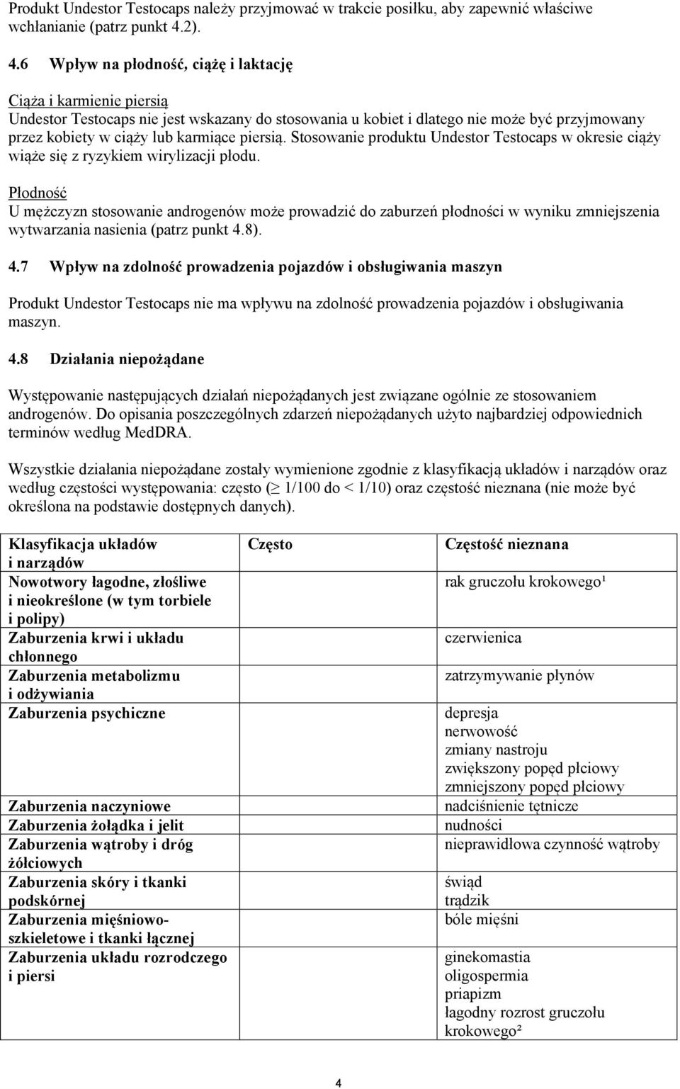 6 Wpływ na płodność, ciążę i laktację Ciąża i karmienie piersią Undestor Testocaps nie jest wskazany do stosowania u kobiet i dlatego nie może być przyjmowany przez kobiety w ciąży lub karmiące
