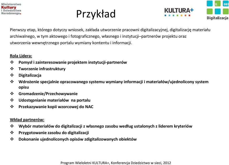 Rola Lidera: Pomysł i zainteresowanie projektem instytucji-partnerów Tworzenie infrastruktury Digitalizacja Wdrożenie specjalnie opracowanego systemu wymiany informacji i materiałów/ujednolicony