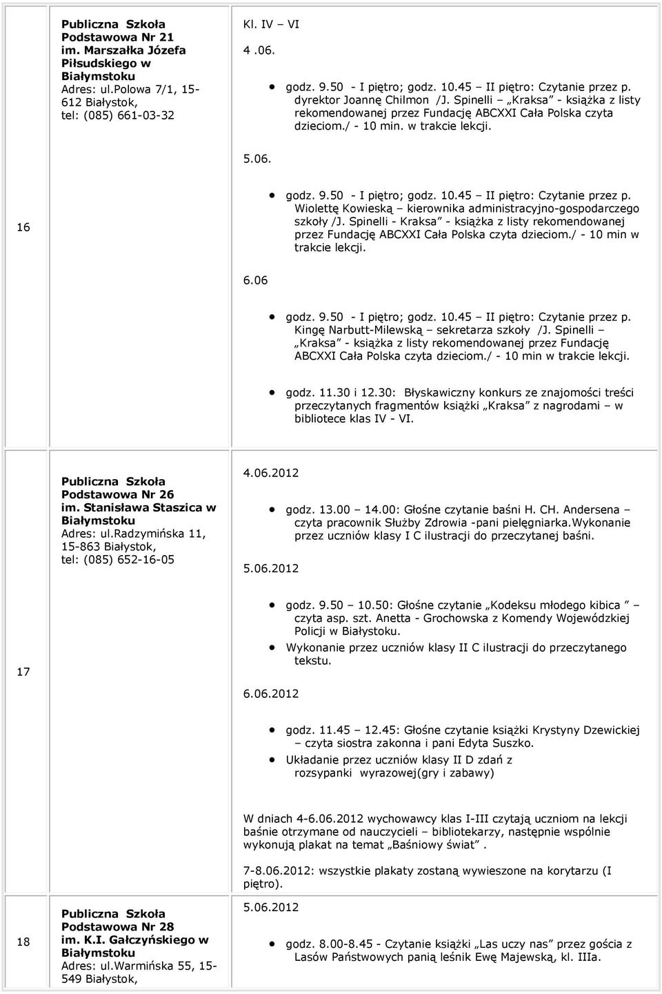 Wiolettę Kowieską kierownika administracyjno-gospodarczego szkoły /J. Spinelli - Kraksa - książka z listy rekomendowanej przez Fundację ABCXXI Cała Polska czyta dzieciom./ - 10 min w trakcie lekcji.
