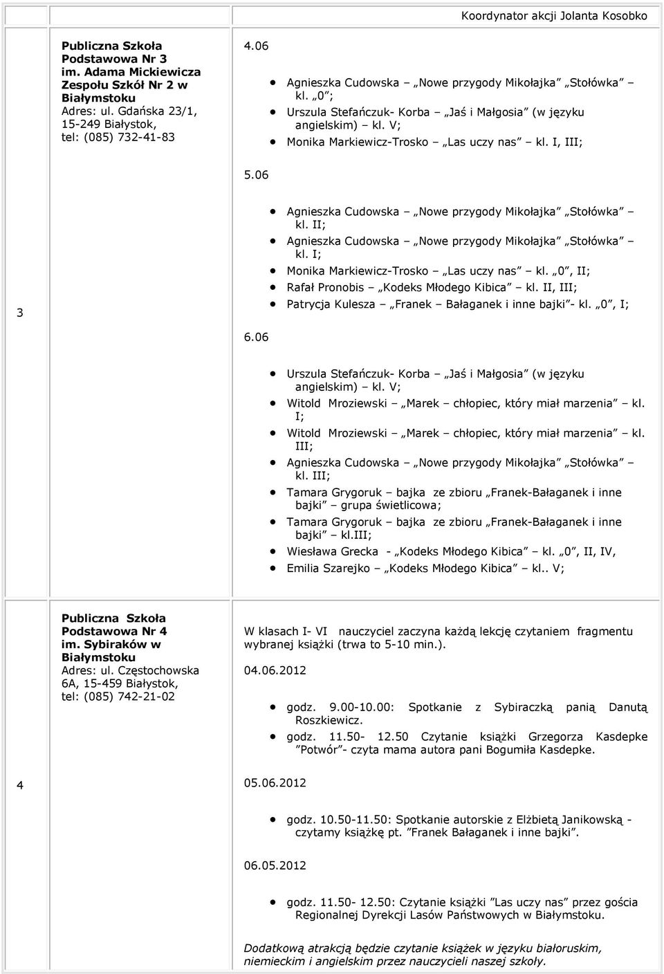06 3 Agnieszka Cudowska Nowe przygody Mikołajka Stołówka kl. II; Agnieszka Cudowska Nowe przygody Mikołajka Stołówka kl. I; Monika Markiewicz-Trosko Las uczy nas kl.