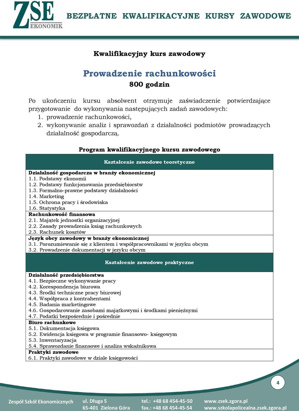 Program kwalifikacyjnego kursu zawodowego Kształcenie zawodowe teoretyczne Działalność gospodarcza w branży ekonomicznej 1.1. Podstawy ekonomii 1.2. Podstawy funkcjonowania przedsiębiorstw 1.3.