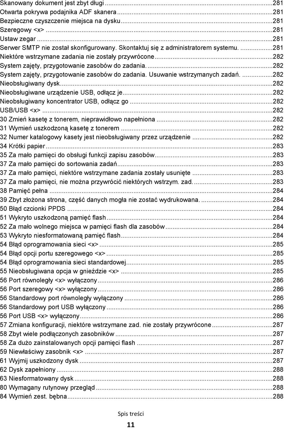..282 System zajęty, przygotowanie zasobów do zadania. Usuwanie wstrzymanych zadań....282 Nieobsługiwany dysk...282 Nieobsługiwane urządzenie USB, odłącz je.