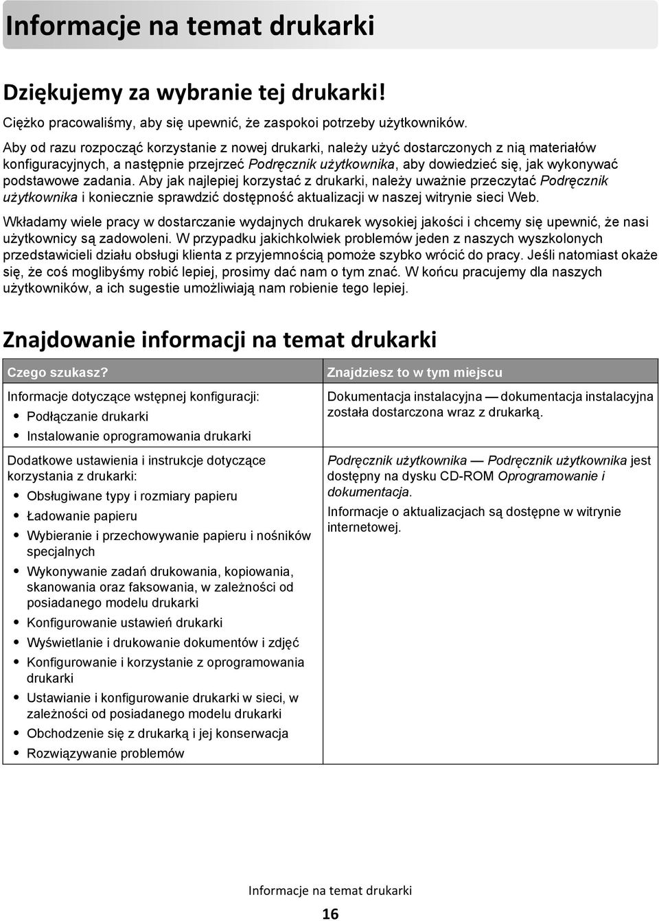 podstawowe zadania. Aby jak najlepiej korzystać z drukarki, należy uważnie przeczytać Podręcznik użytkownika i koniecznie sprawdzić dostępność aktualizacji w naszej witrynie sieci Web.
