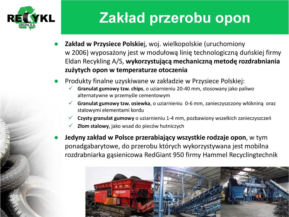 otoczenia Produkty finalne uzyskiwane w zakładzie w Przysiece Polskiej: Granulat gumowy tzw.