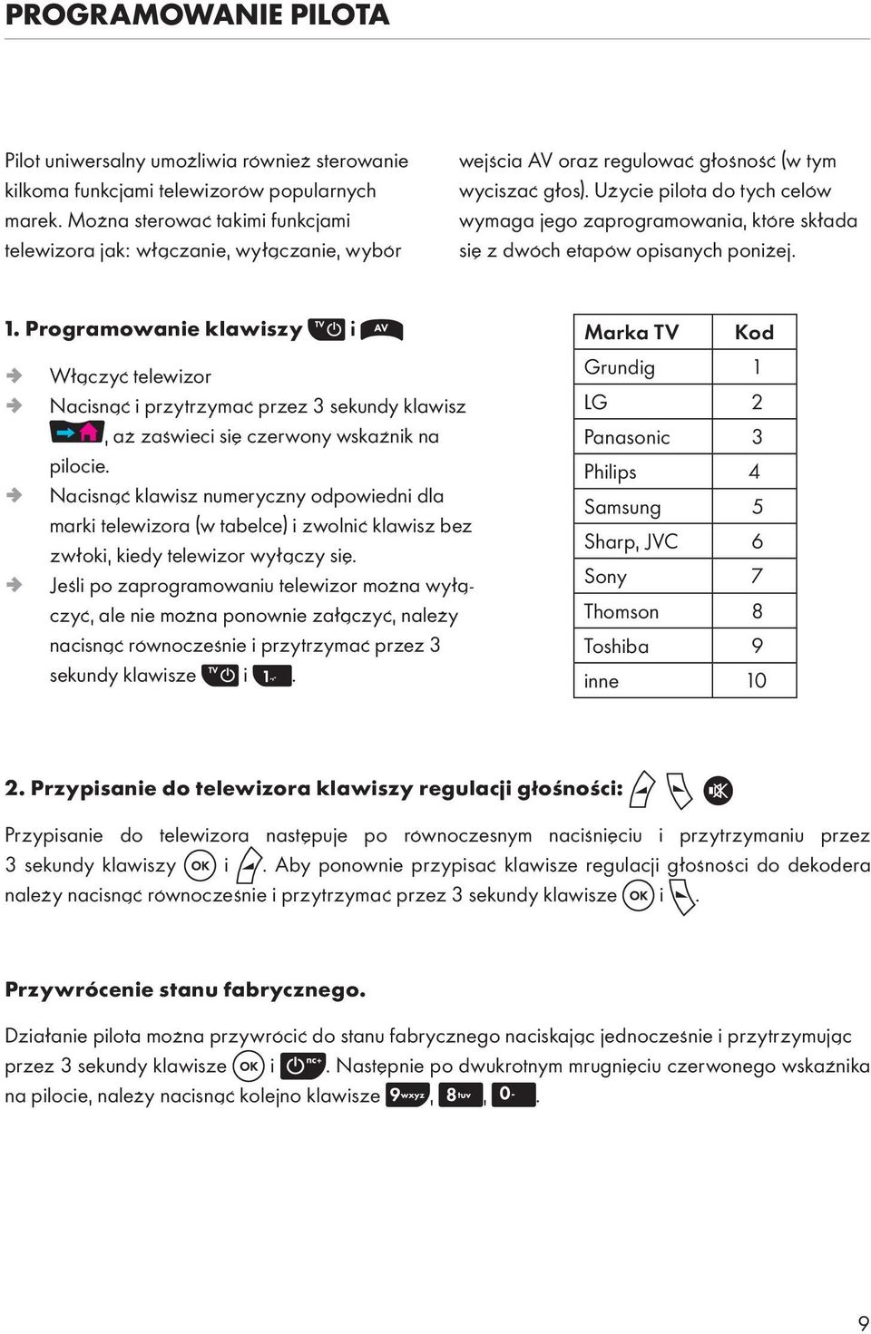 Użycie pilota do tych celów wymaga jego zaprogramowania, które składa się z dwóch etapów opisanych poniżej. 1.
