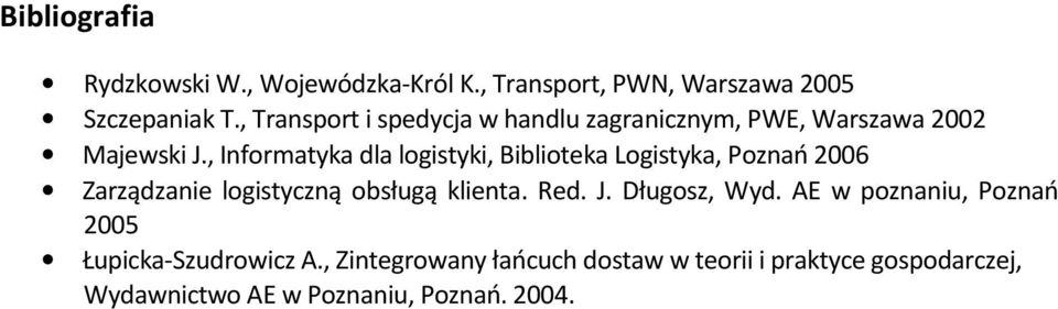 , Informatyka dla logistyki, Biblioteka Logistyka, Poznań 2006 Zarządzanie logistyczną obsługą klienta. Red. J.