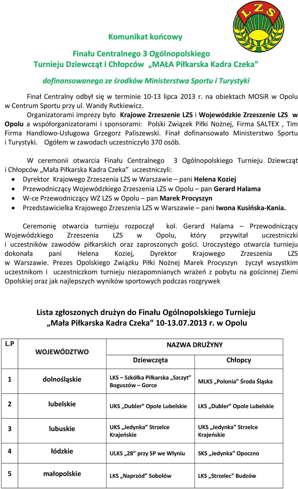 Organizatorami imprezy było Krajowe Zrzeszenie LZS i Wojewódzkie Zrzeszenie LZS w Opolu a współorganizatorami i sponsorami: Polski Związek Piłki Nożnej, Firma SALTEX, Tim Firma Handlowo Usługowa