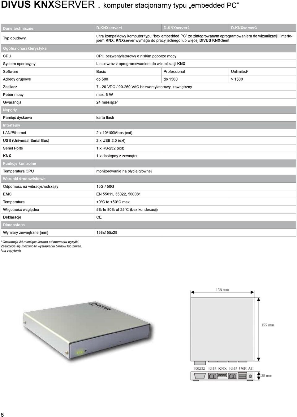 wizualizacji i interfejsem KNX; KNXserver wymaga do pracy jednego lub więcej DIVUS KNXclient Ogólna charakterystyka CPU System operacyjny CPU bezwentylatorowy o niskim poborze mocy Linux wraz z