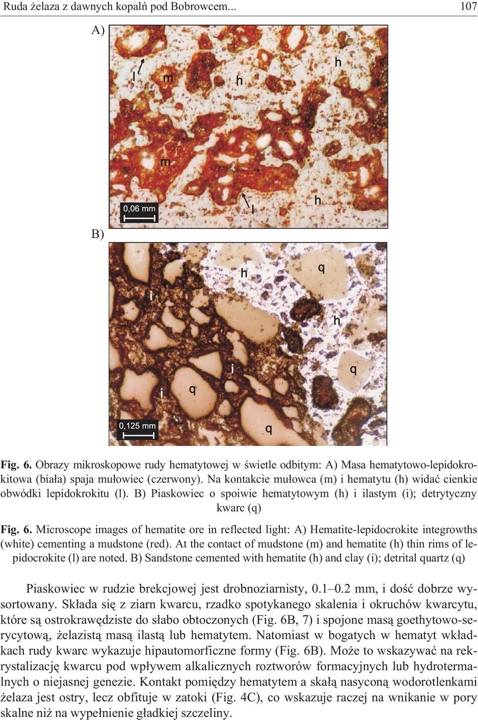 Microscope images of hematite ore in reflected light: A) Hematite-lepidocrokite integrowths (white) cementing a mudstone (red).