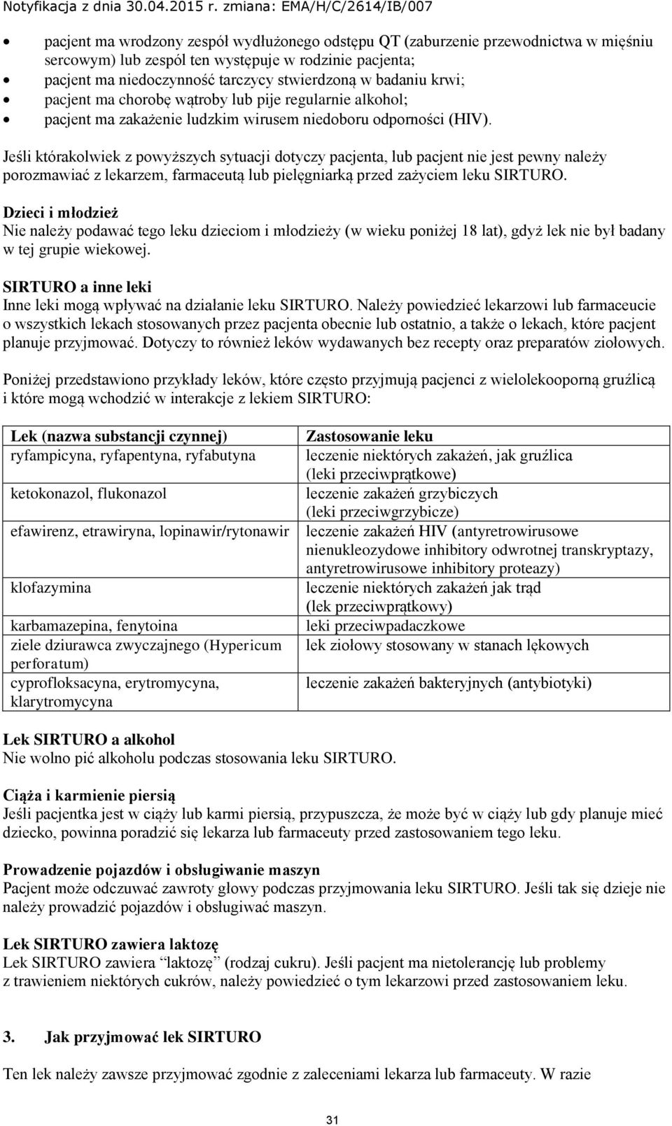 Jeśli którakolwiek z powyższych sytuacji dotyczy pacjenta, lub pacjent nie jest pewny należy porozmawiać z lekarzem, farmaceutą lub pielęgniarką przed zażyciem leku SIRTURO.