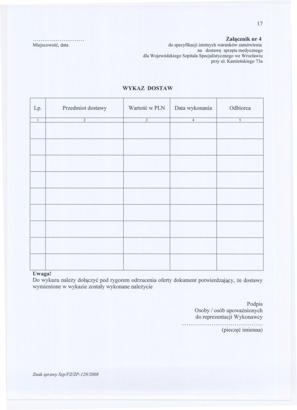 Przedmiot dostawy Wartosc w PLN Data wykonania Odbiorca I 2 3 4 5 Uwaga!