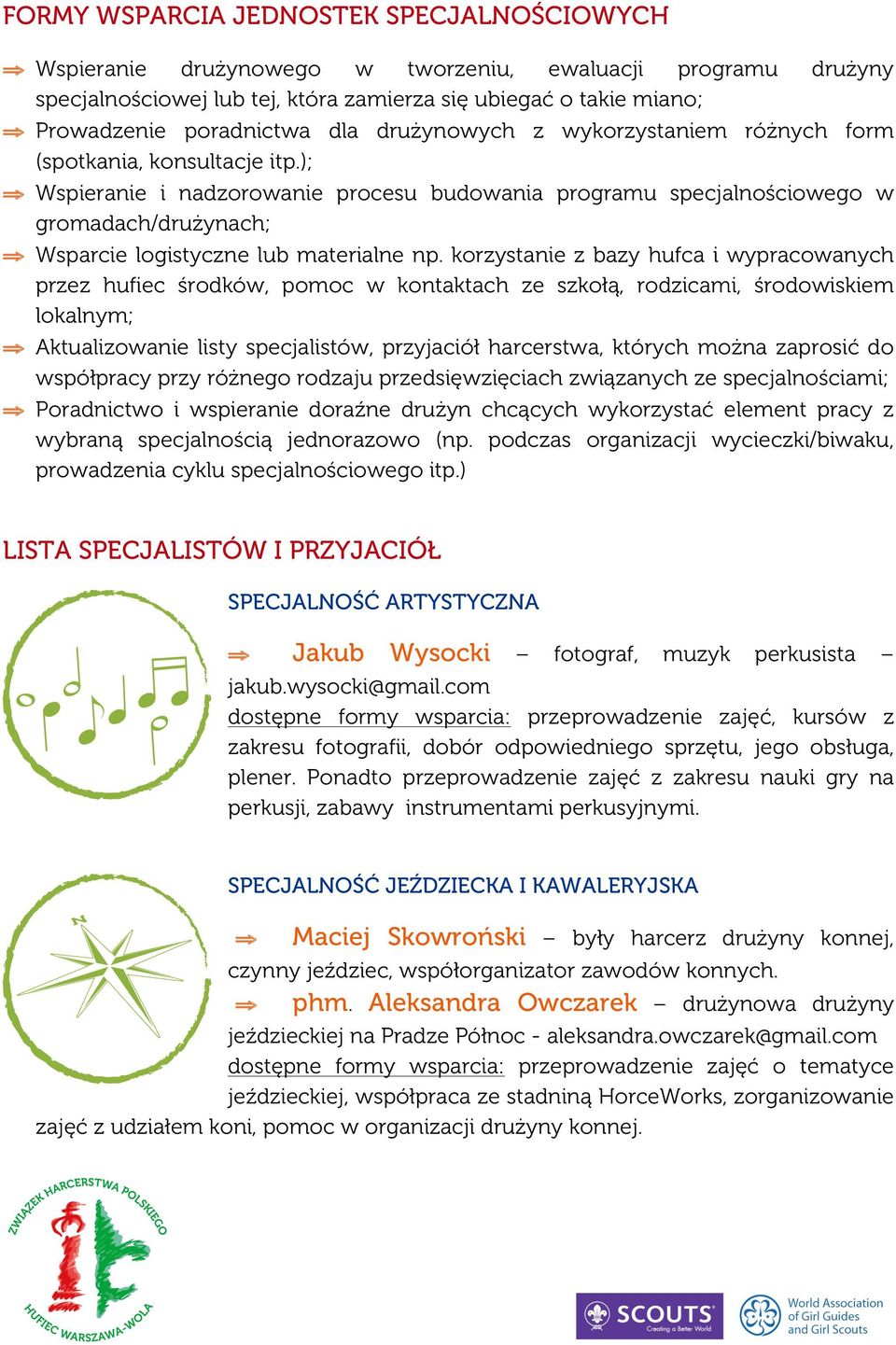 ); Wspieranie i nadzorowanie procesu budowania programu specjalnościowego w gromadach/drużynach; Wsparcie logistyczne lub materialne np.