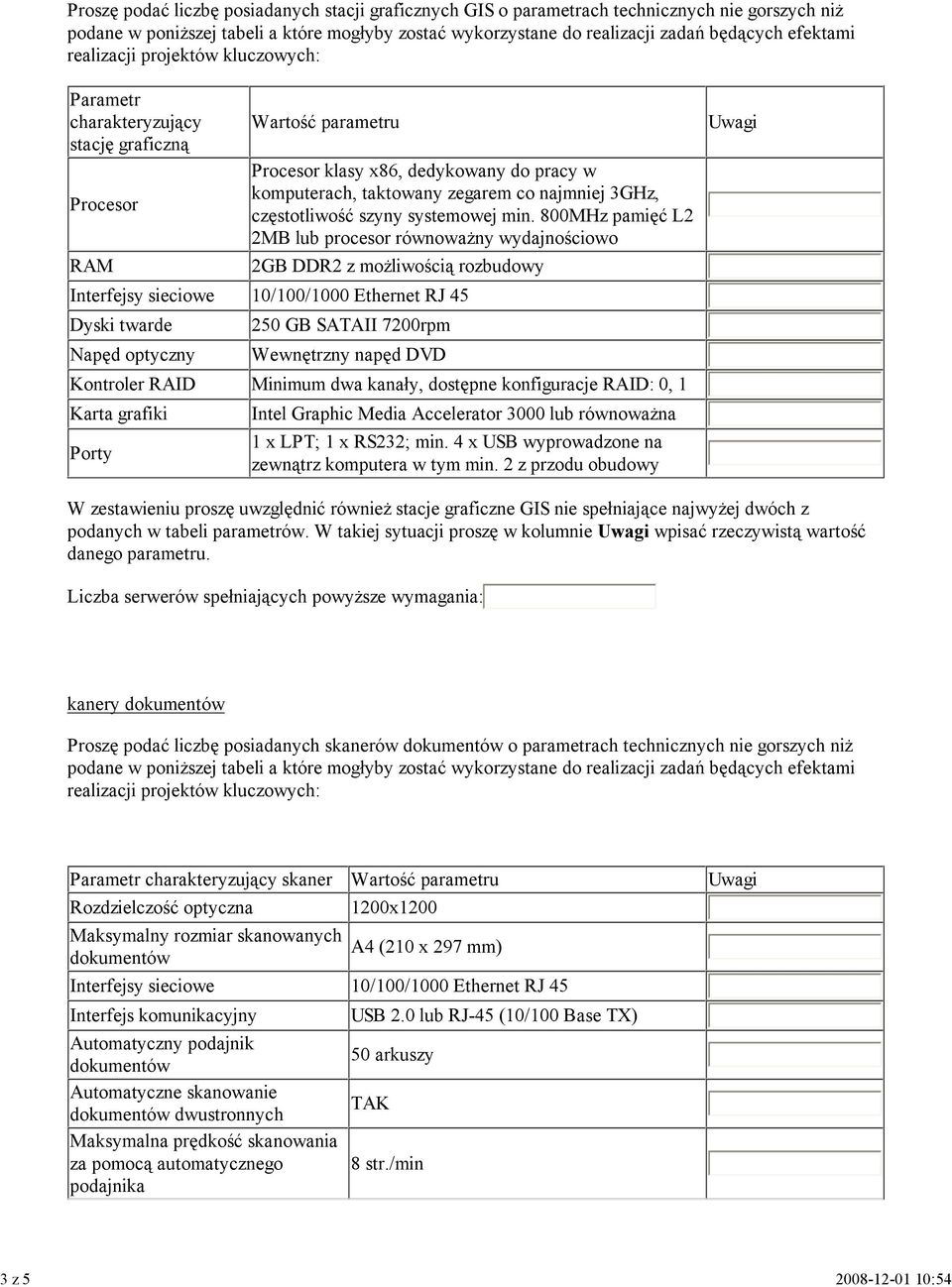 800MHz pamięć L2 2MB lub procesor równoważny wydajnościowo 2GB DDR2 z możliwością rozbudowy Interfejsy sieciowe 10/100/1000 Ethernet RJ 45 Dyski twarde 250 GB SATAII 7200rpm Napęd optyczny Wewnętrzny