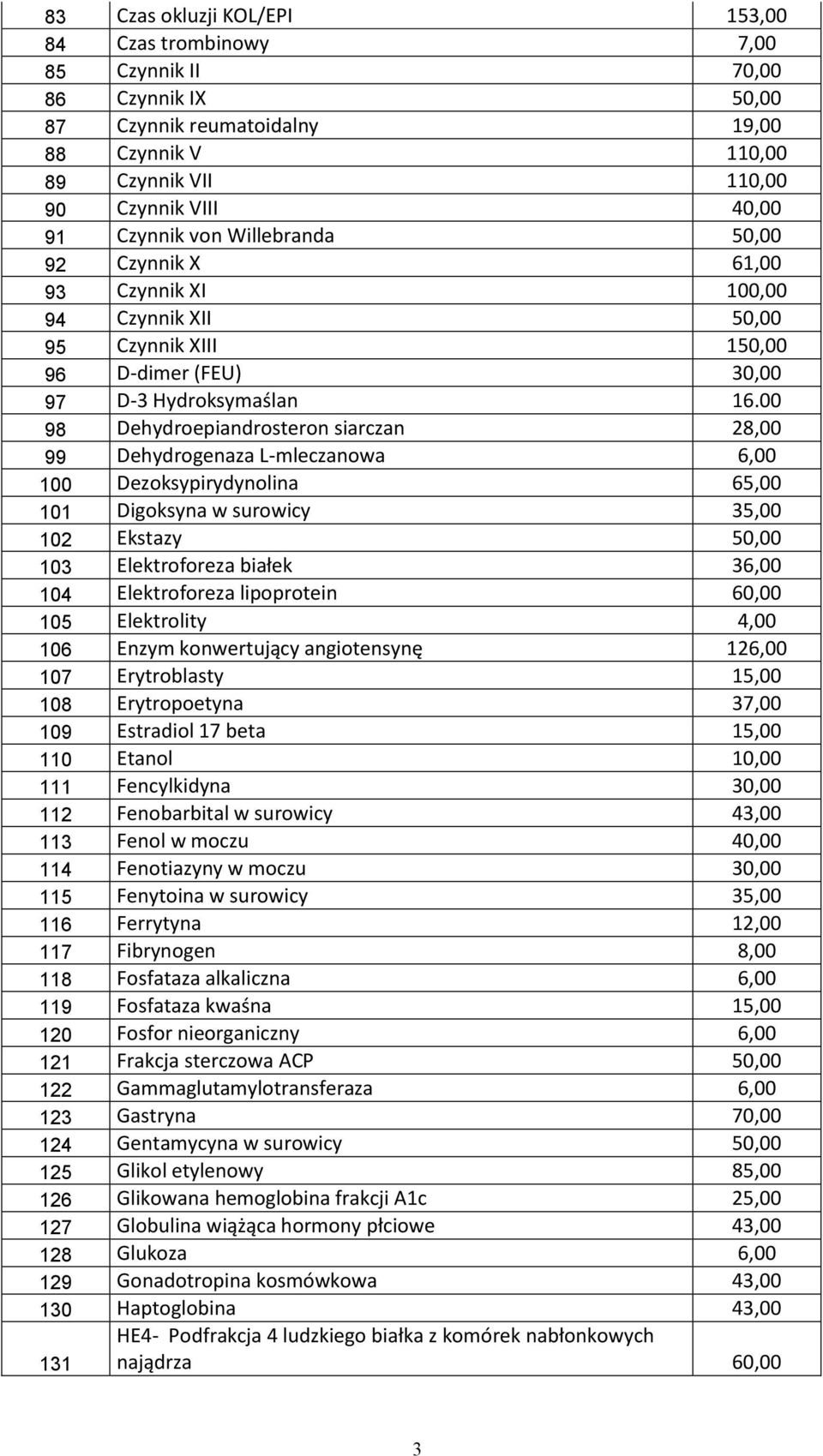 00 98 Dehydroepiandrosteron siarczan 28,00 99 Dehydrogenaza L-mleczanowa 6,00 100 Dezoksypirydynolina 65,00 101 Digoksyna w surowicy 35,00 102 Ekstazy 50,00 103 Elektroforeza białek 36,00 104