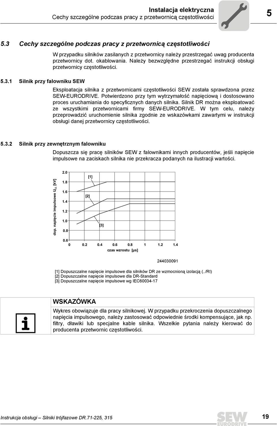 Należy bezwzględne przestrzegać instrukcji obsługi przetwornicy częstotliwości. 5.3.