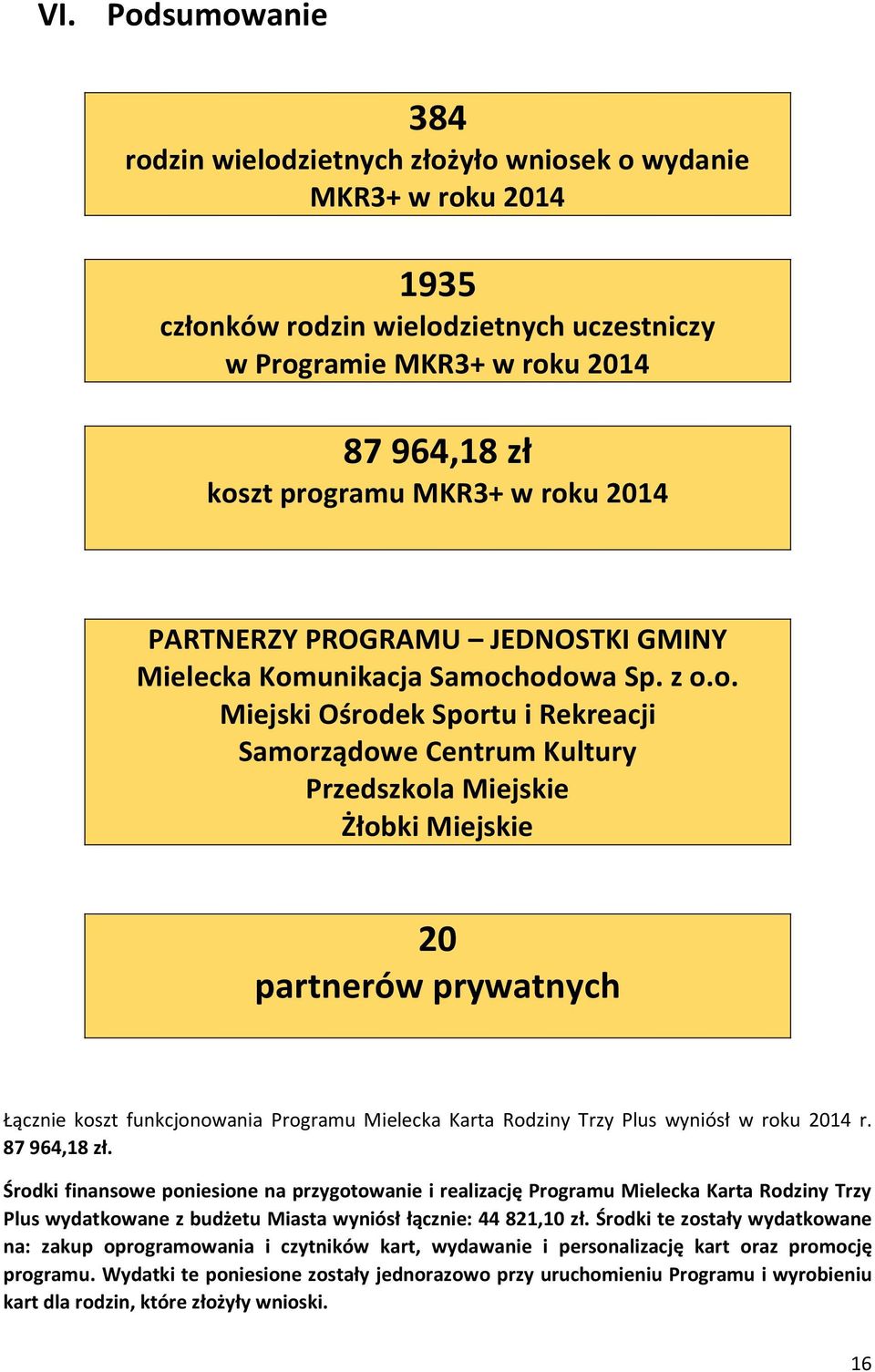 partnerów prywatnych Łącznie koszt funkcjonowania Programu Mielecka Karta Rodziny Trzy Plus wyniósł w roku 2014 r. 87 964,18 zł.