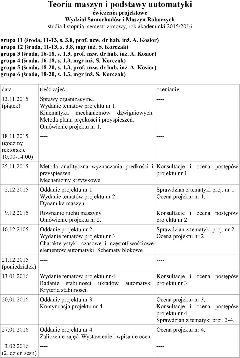 2015 (piątek) 18.11.2015 (godziny rektorskie 10:00-14:00) Sprawy organizacyjne. Wydanie tematów projektu nr 1. Kinematyka mechanizmów dźwigniowych. Metoda planu prędkości i przyspieszeń.