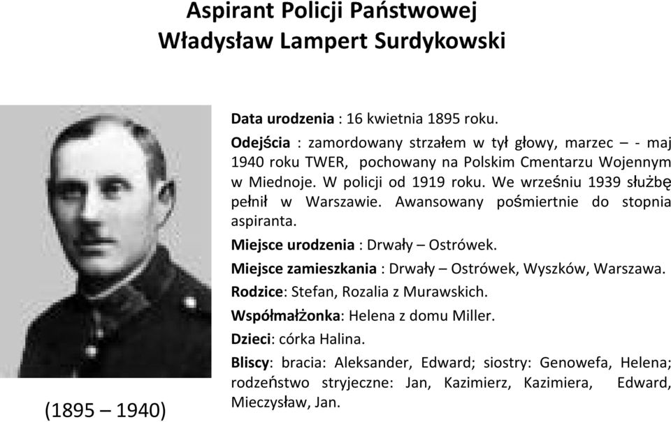 We wrześniu 1939 służbę pełnił w Warszawie. Awansowany pośmiertnie do stopnia aspiranta. Miejsce urodzenia : Drwały Ostrówek.