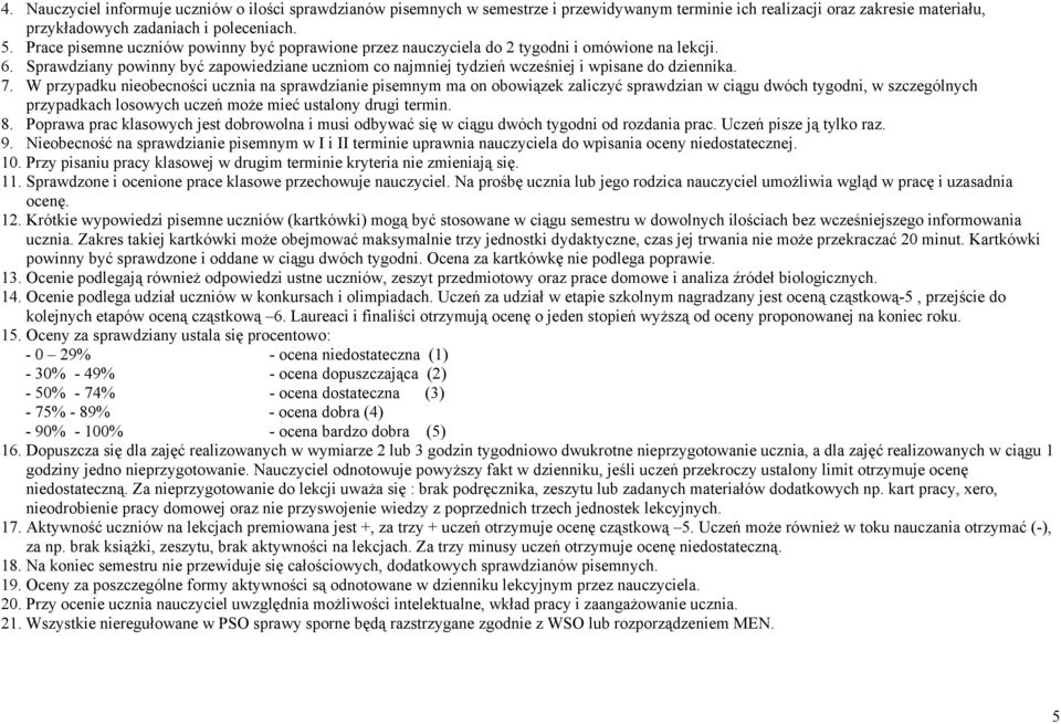 7. W przypadku nieobecności ucznia na sprawdzianie pisemnym ma on obowiązek zaliczyć sprawdzian w ciągu dwóch tygodni, w szczególnych przypadkach losowych uczeń może mieć ustalony drugi termin. 8.