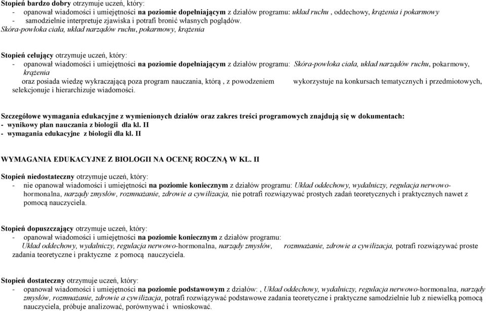 Skóra-powłoka ciała, układ narządów ruchu, pokarmowy, krążenia Stopień celujący otrzymuje uczeń, który: - opanował wiadomości i umiejętności na poziomie dopełniającym z działów programu: