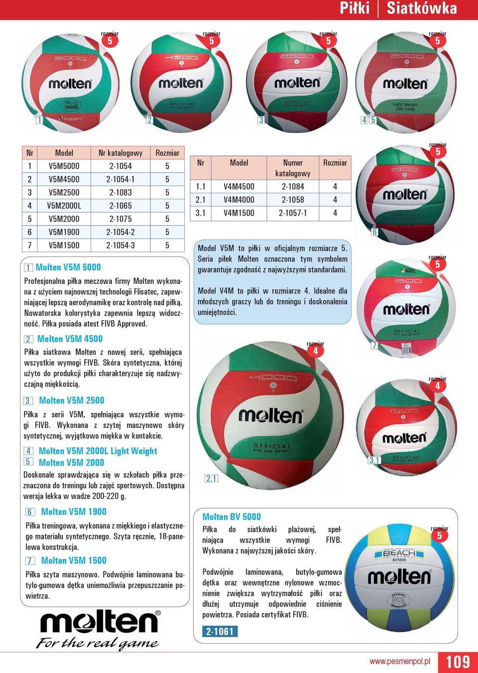 Piłka posiada atest FIVB Approved. Nr Model Numer katalogowy Rozmiar 1.1 V4M400 2-1084 4 2.1 V4M4000 2-108 4 3.1 V4M100 2-107-1 4 Model VM to piłki w oficjalnym ze.