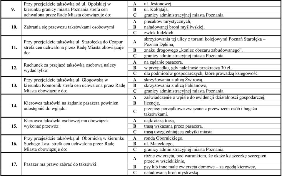 Głogowską w kierunku Komornik strefa cen uchwalona przez Radę Miasta obowiązuje do: Kierowca taksówki na żądanie pasażera powinien udostępnić do wglądu: Kierowca taksówki osobowej ma obowiązek
