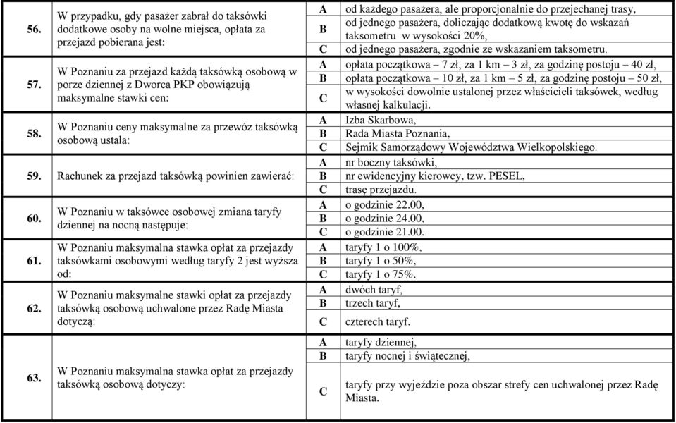 maksymalne stawki cen: W Poznaniu ceny maksymalne za przewóz taksówką osobową ustala: 59. Rachunek za przejazd taksówką powinien zawierać: 60. 61. 62. 63.