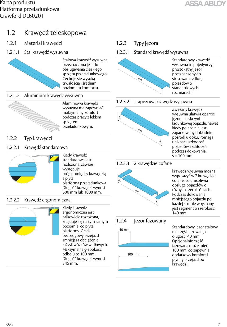 Kiedy krawędź standardowa jest rozłożona, zawsze występuje próg pomiędzy krawędzią a płytą platforma przeładunkowa Długość krawędzi wynosi 500 mm lub 1000 mm.