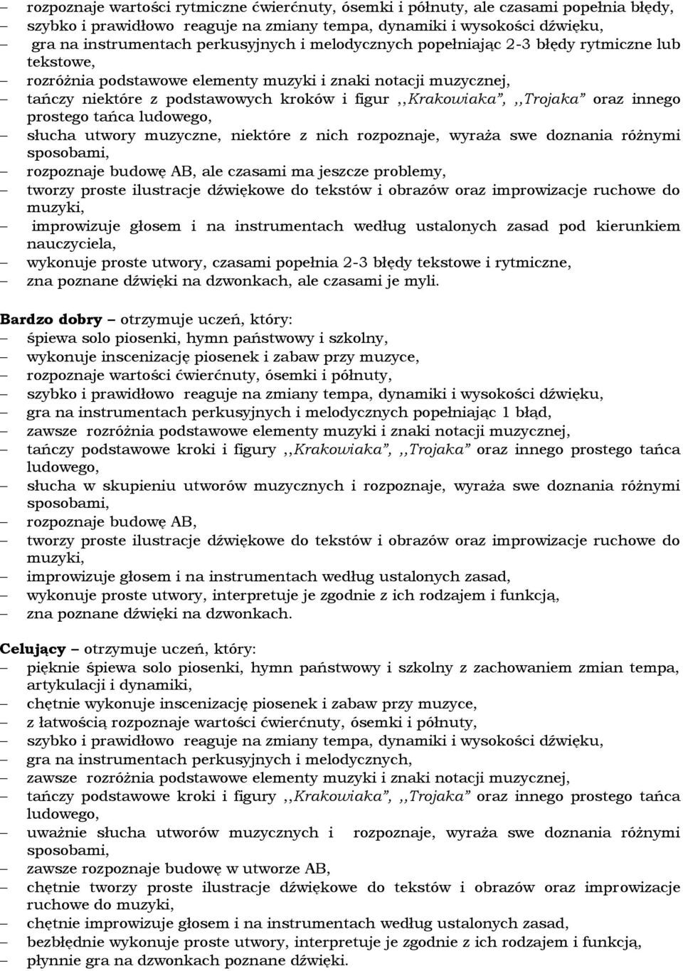 innego prostego tańca ludowego, słucha utwory muzyczne, niektóre z nich rozpoznaje, wyraża swe doznania różnymi sposobami, rozpoznaje budowę AB, ale czasami ma jeszcze problemy, tworzy proste