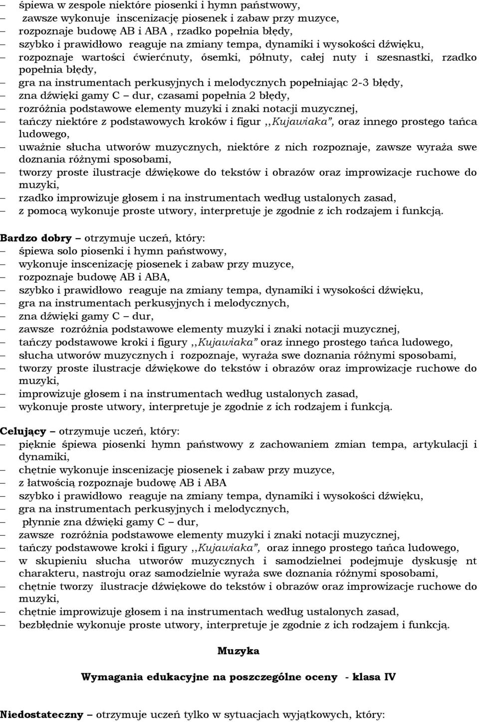 popełniając 2-3 błędy, zna dźwięki gamy C dur, czasami popełnia 2 błędy, rozróżnia podstawowe elementy muzyki i znaki notacji muzycznej, tańczy niektóre z podstawowych kroków i figur,,kujawiaka, oraz