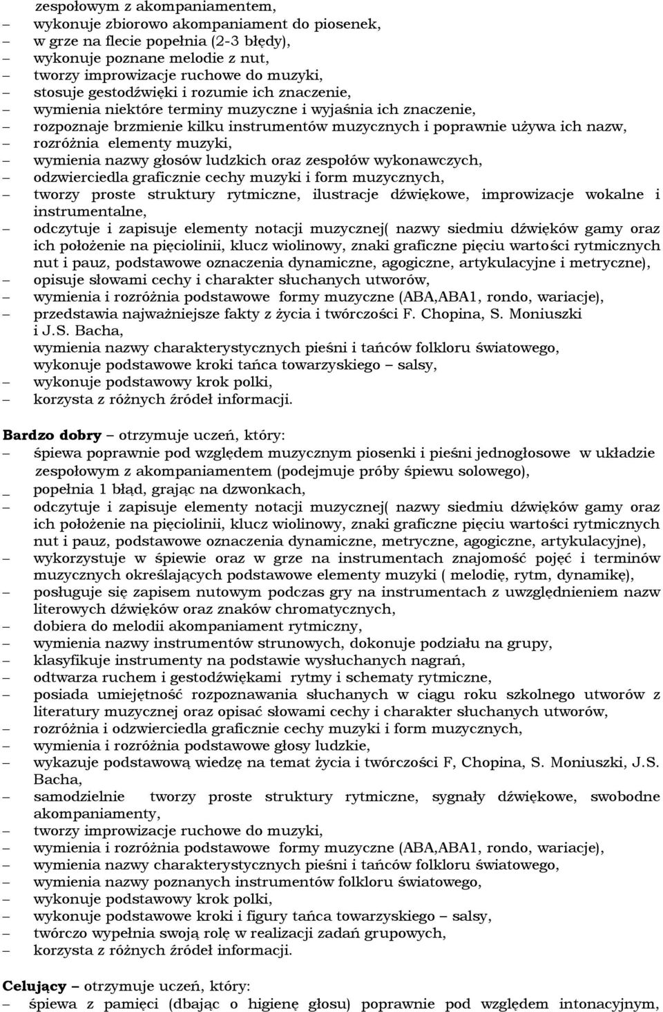 muzyki, wymienia nazwy głosów ludzkich oraz zespołów wykonawczych, odzwierciedla graficznie cechy muzyki i form muzycznych, tworzy proste struktury rytmiczne, ilustracje dźwiękowe, improwizacje