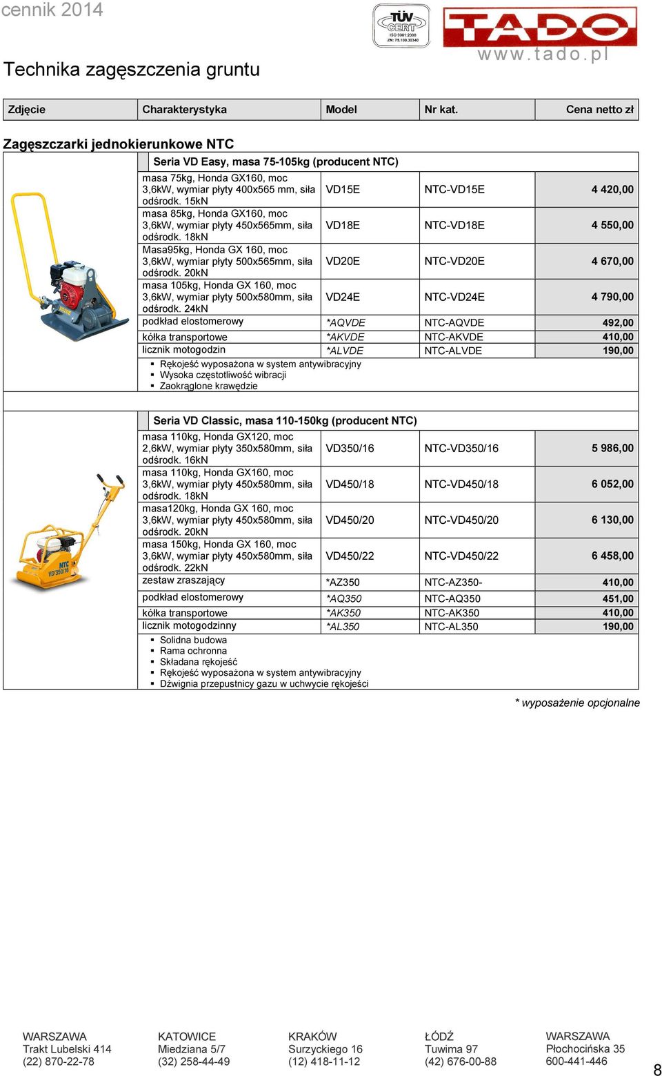 15kN masa 85kg, Honda GX160, moc 3,6kW, wymiar płyty 450x565mm, siła VD18E NTC-VD18E 4 550,00 odśrodk.
