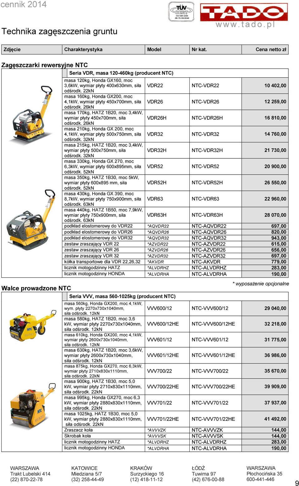 odśrodk. 22kN masa 160kg, Honda GX200, moc 4,1kW, wymiar płyty 450x700mm, siła VDR26 NTC-VDR26 12 259,00 odśrodk.