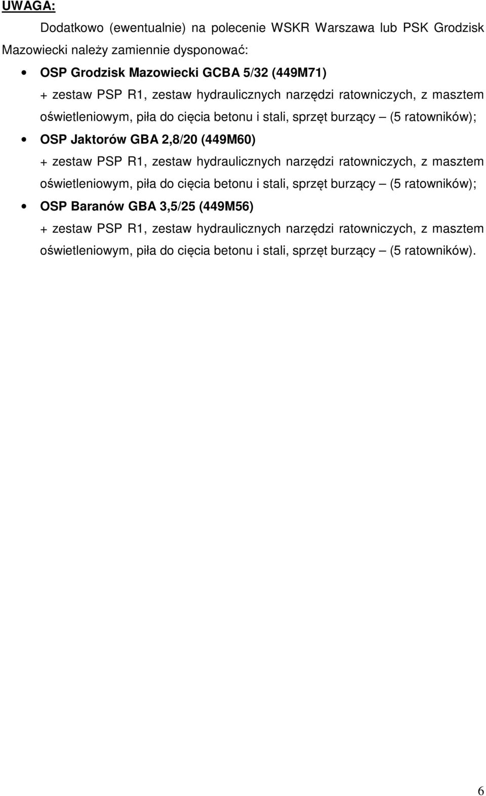 oświetleniowym, piła do cięcia betonu i stali, sprzęt burzący (5 ratowników); OSP