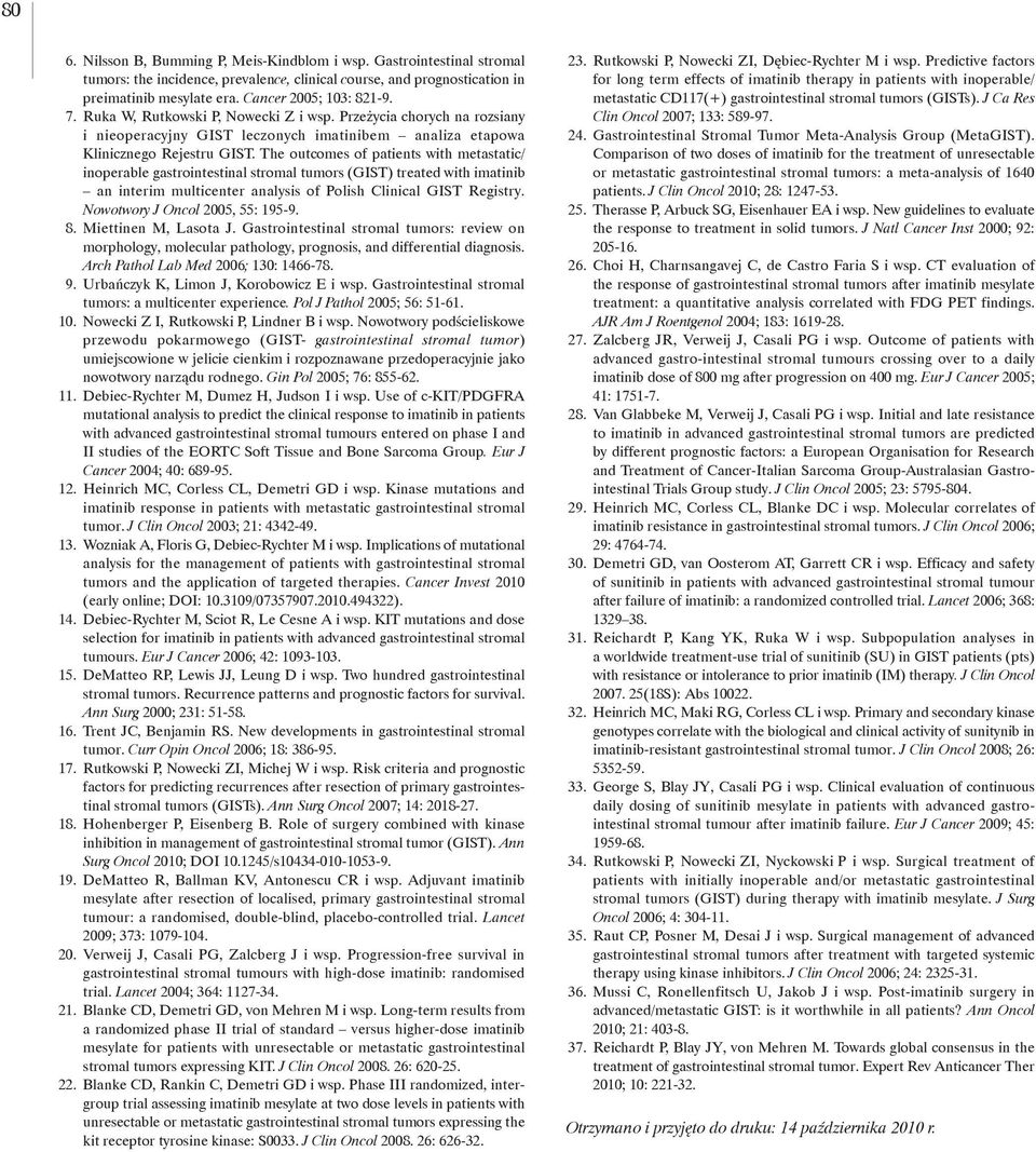 The outcomes of patients with metastatic/ inoperable gastrointestinal stromal tumors (GIST) treated with imatinib an interim multicenter analysis of Polish Clinical GIST Registry.